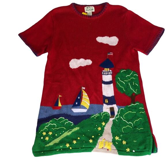 Quacker Factory Lighthouse Red Knit Sweater Sailboat Short Sleeve Women Medium - Picture 2 of 16